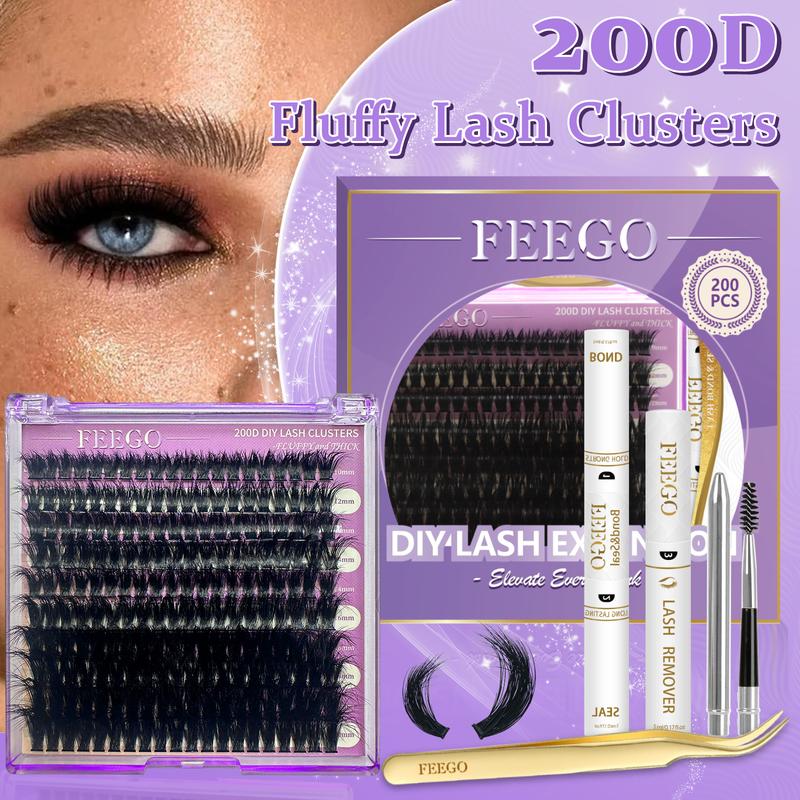 FEEGO 200D Fluffy Lash Extensions Kit D Curl 10-20mm Thick Eyelashs Extension Waterproof Individual Lashes with Bond Seal Remover DIY at Home Makeup Cosmetic