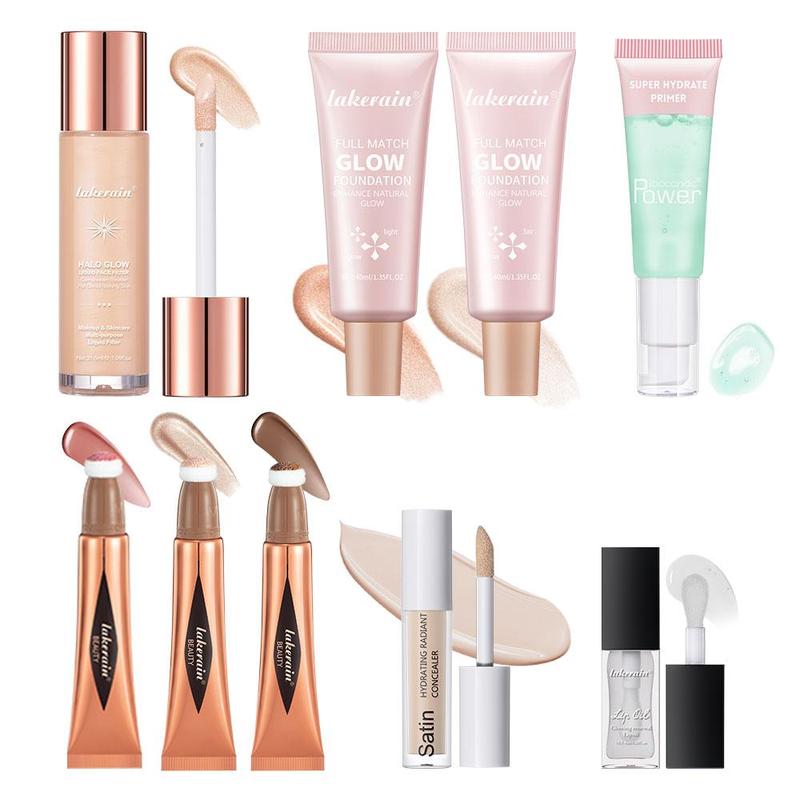 9 in 1 Skincare Makeup Set,  Highlighters Makeup  Foundation & Moisturizing Concealer & Lip Gloss & Highlighter Stick & Blush, Makeup Products, Makeup Set for Women & Girls, Cosmetic