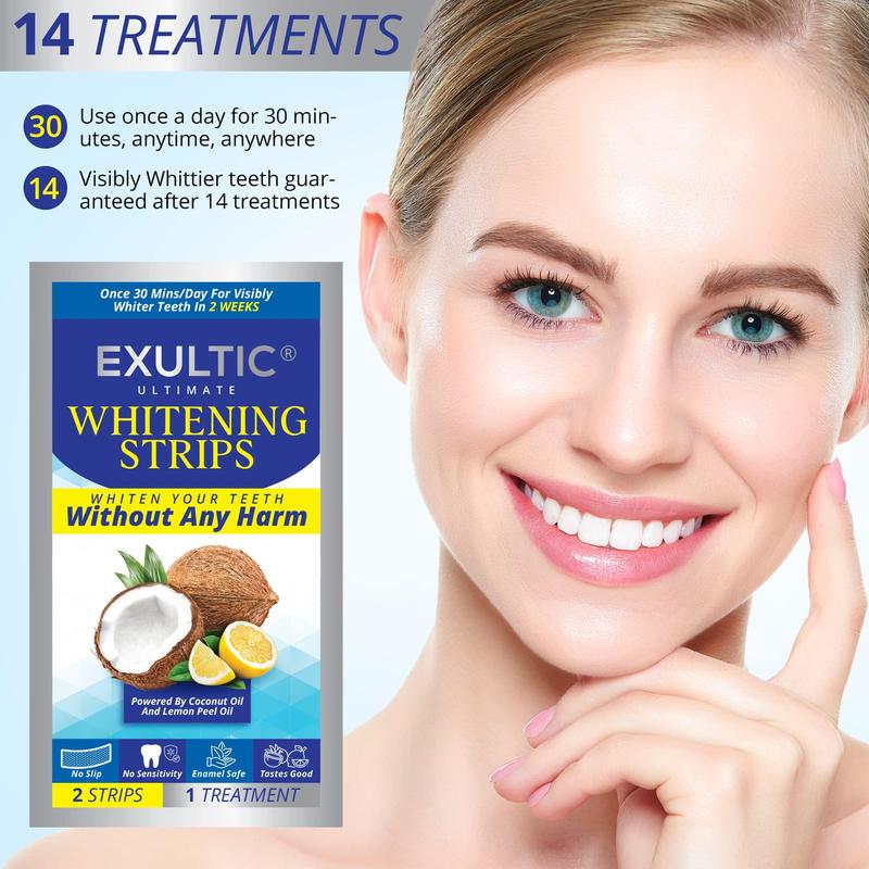 EXULTIC Teeth Whitening Strips for Teeth Sensitive: Coconut and Lemon Peel Oil Infused White Strips- Whiter, Brighter Smiles - Gentle and Safe Whitening Kit -28 Whitening Strips -14,Gluten Free