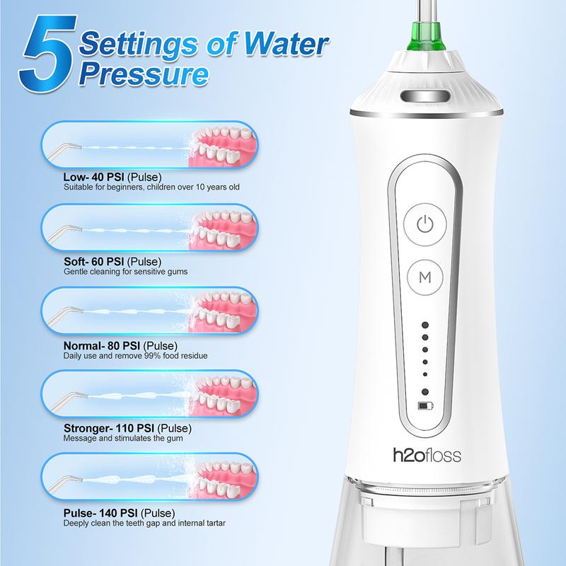 h2ofloss water flosser 300ML watertank & IPX7 Waterproof plus 5 modes,Cordless Oral Irrigator P11-white