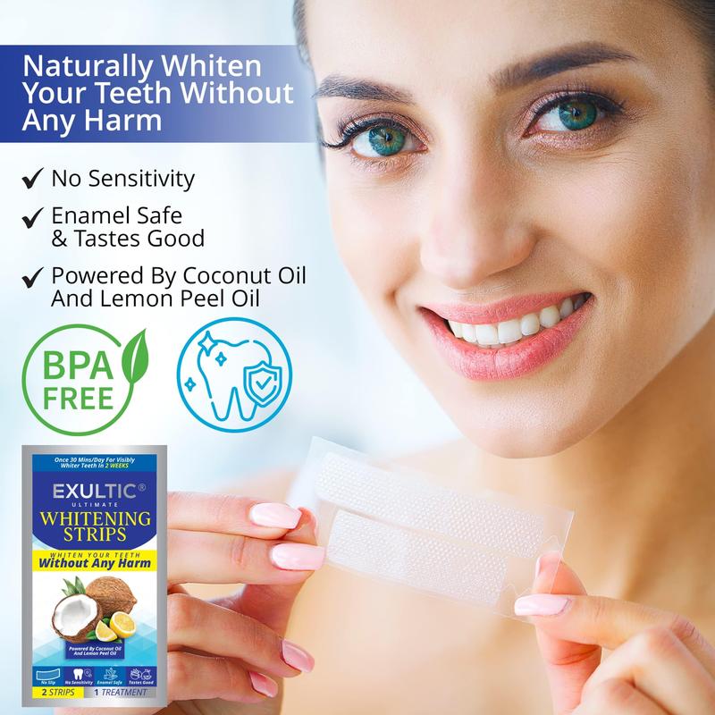 EXULTIC Teeth Whitening Strips for Teeth Sensitive: Coconut and Lemon Peel Oil Infused White Strips- Whiter, Brighter Smiles - Gentle and Safe Whitening Kit -28 Whitening Strips -14,Gluten Free