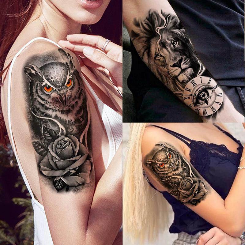 68 Sheets Waterproof Temporary Tattoos Stickers,Long Lasting Forearm Designs Animals & Flower, Wolf, Tiger, Lion, Owl, Skeleton Skull,Etc