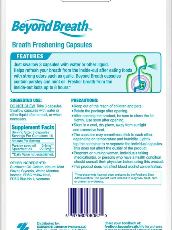 Breath Freshening Capsules, Fresher Breath From Inside-Out, Even Works On Bad Breath From Garlic, Lasts Up To 8 Hours, 50 Capsules