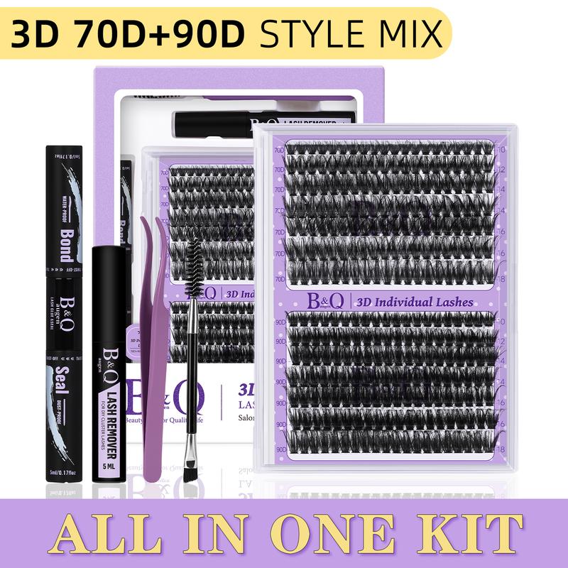 B&Q LASH l 3D 70D+90D Fluffy Kit l 280pcs Individual Lashes, D Curl, Lash Bond & Seal, Applicator Tool (10-18MIX) for DIY Lashes Extension, Waterproof Long Lasting Makeup Cosmetic