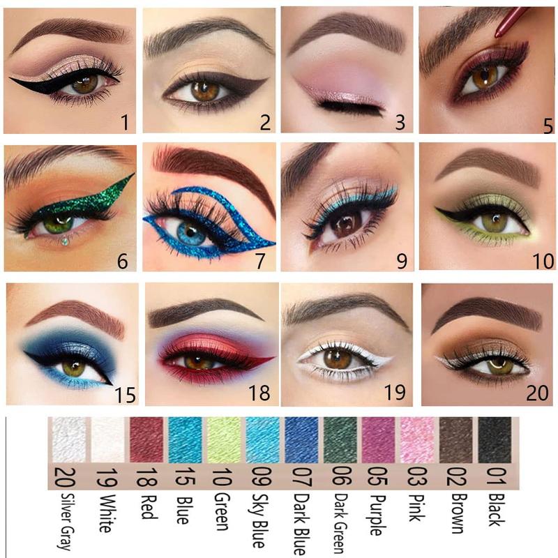 12Pcs Green Blue White Black Brown Purple Color Gel Glitter Eyeliner Pencils Set for Women Waterline Waterproof Smudge Proof lapiz de ojos delineador de ojos contra el agua Eye Liner Makeup 1-5 Lipliner Gift