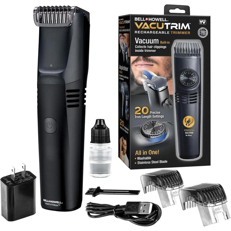 Vacutrim Cordless Mens Beard Trimmer, Rechargeable Electric Shaver with 20 Trim Setting Calibration Dial and Built-in Vacuum for Mustache, Sideburns. Facial Hair, Black, 7.5