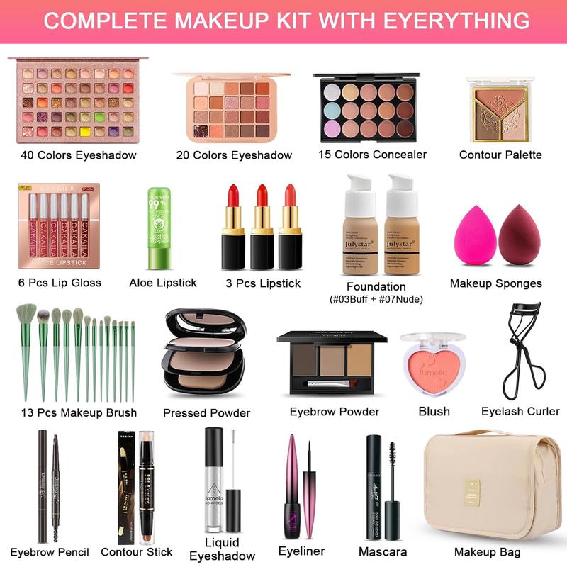 All in One Makeup Kit for Women Full Kit, Professional Travel Makeup Kit for Women & Teens, Foundation Eyeshadow Lipstick Brow Pencil Eyeliner Contour Powder, Complete Make Up Gift Set for Beginners