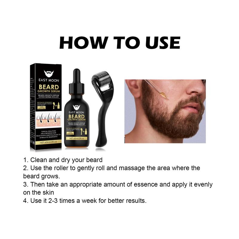 EAST MOON Beard Growth Serum & Beard Massage Derma Roller, 2 Counts set Beard Care Accessories for Strengthening Beard, Beard Care Product & Tool for Men Daily Use, Comfort Hair Care Supplies, Lightweight, Birthdy Gifts, Nutritious Oil for Beard Care