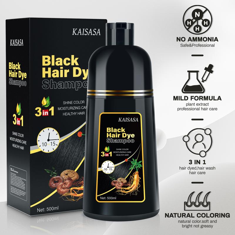 KAISASA Black Hair Dye Shampoo 3 in 1, Herbal Ingredients,Can cover gray hairs,Contains Ginseng Extract,Natural Haircoloring,Plant Haircare