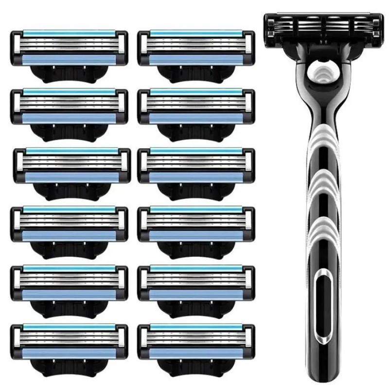 Men's 3-layer Razor Blade, 1 Set Manual Razor Holder & 12 Blades, Universal Manual Razor, Shaving Knife for Men, Men's Care Product, Christmas Gift