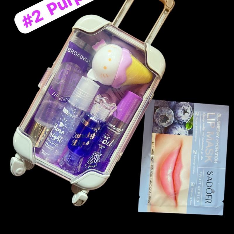 Mini Suitcase Lip Gloss Bundle (lip oil, lip gloss, lip balm + scrunchie+ hydrating lip mask)