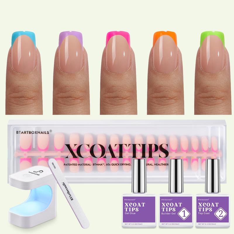 btartboxnails XCOATTIPS French Tip Press on Nails - Square or Almond Brighter pastel Press On Nails , 46.99$ Short Fake Nails Kit with UV Glue, Nails Lamp, All in One Soak Off Acrylic Fake Nail Extension