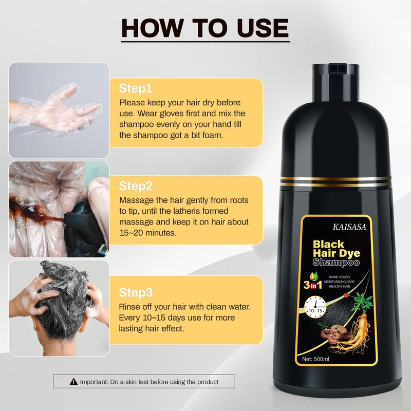 KAISASA Black Hair Dye Shampoo 3 in 1, Herbal Ingredients,Can cover gray hairs,Contains Ginseng Extract,Natural Haircoloring,Plant Haircare