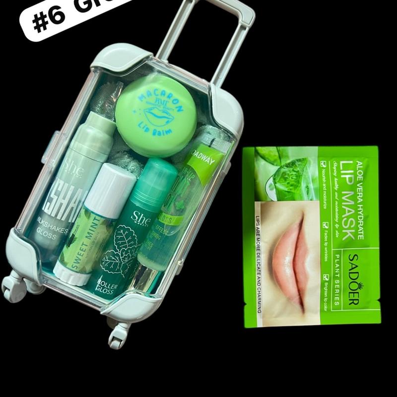 Mini Suitcase Lip Gloss Bundle (lip oil, lip gloss, lip balm + scrunchie+ hydrating lip mask)