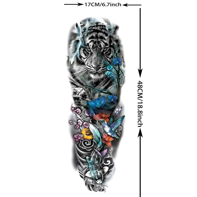 Floral & Tiger Pattern Full Arm Temporary Tattoo Sticker, Waterproof Fake Tattoo Decals, DIY Body Art Decoration for Women & Men