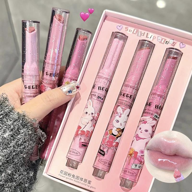 Cute Cartoon Rabbit Design Lip Gloss, 3 Counts set Juicy Glossy Lipstick, Hydrating Mirror Lip Glaze, Glossy Smoothing Lip Balm, Lip Care Kit