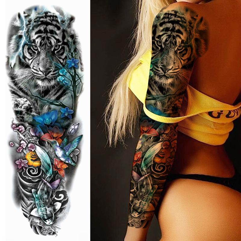 Floral & Tiger Pattern Full Arm Temporary Tattoo Sticker, Waterproof Fake Tattoo Decals, DIY Body Art Decoration for Women & Men