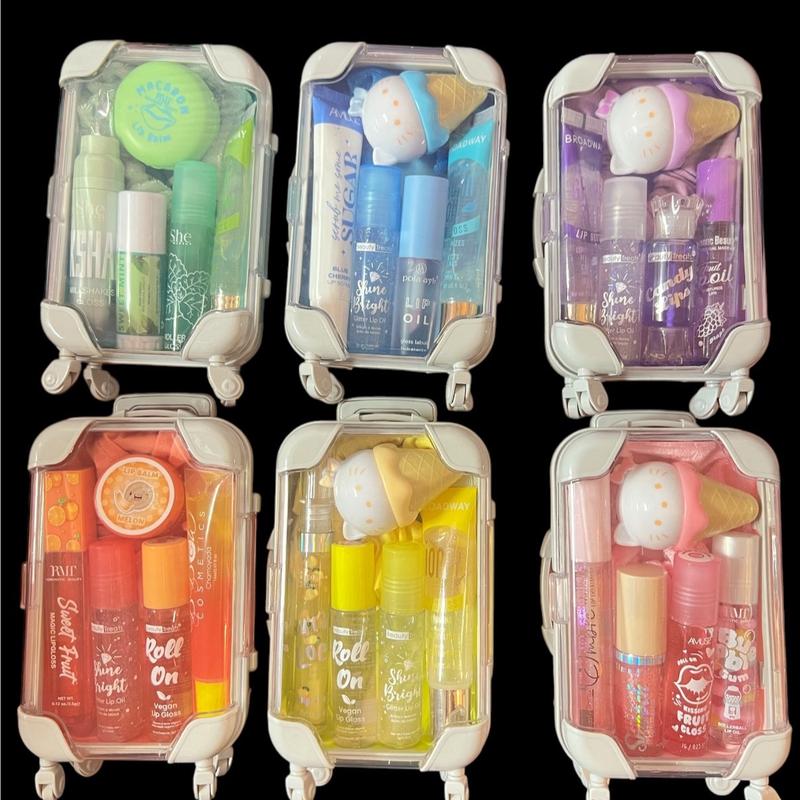 Mini Suitcase Lip Gloss Bundle (lip oil, lip gloss, lip balm + scrunchie+ hydrating lip mask)