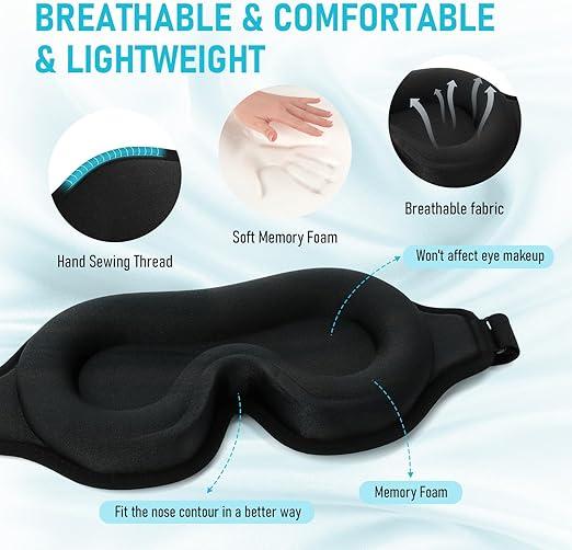 Blackout Eye Mask for Sleeping, 3D Contoured Cup No Pressure Sleep Mask with Adjustable Strap, Ultra-Thin Sides Breathable Lightweight Soft Eye Cover