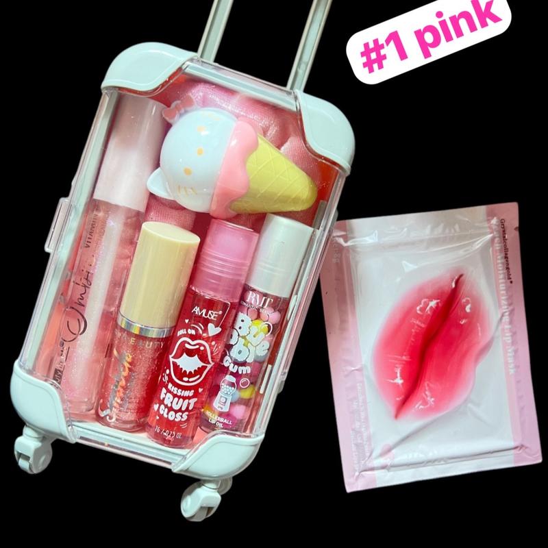 Mini Suitcase Lip Gloss Bundle (lip oil, lip gloss, lip balm + scrunchie+ hydrating lip mask)