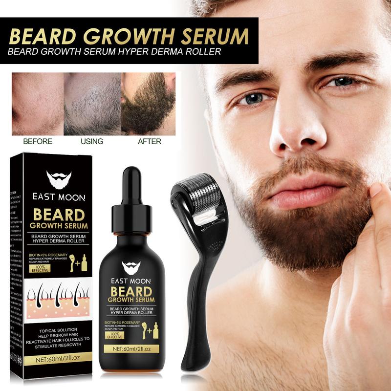 EAST MOON Beard Growth Serum & Beard Massage Derma Roller, 2 Counts set Beard Care Accessories for Strengthening Beard, Beard Care Product & Tool for Men Daily Use, Comfort Hair Care Supplies, Lightweight, Birthdy Gifts, Nutritious Oil for Beard Care