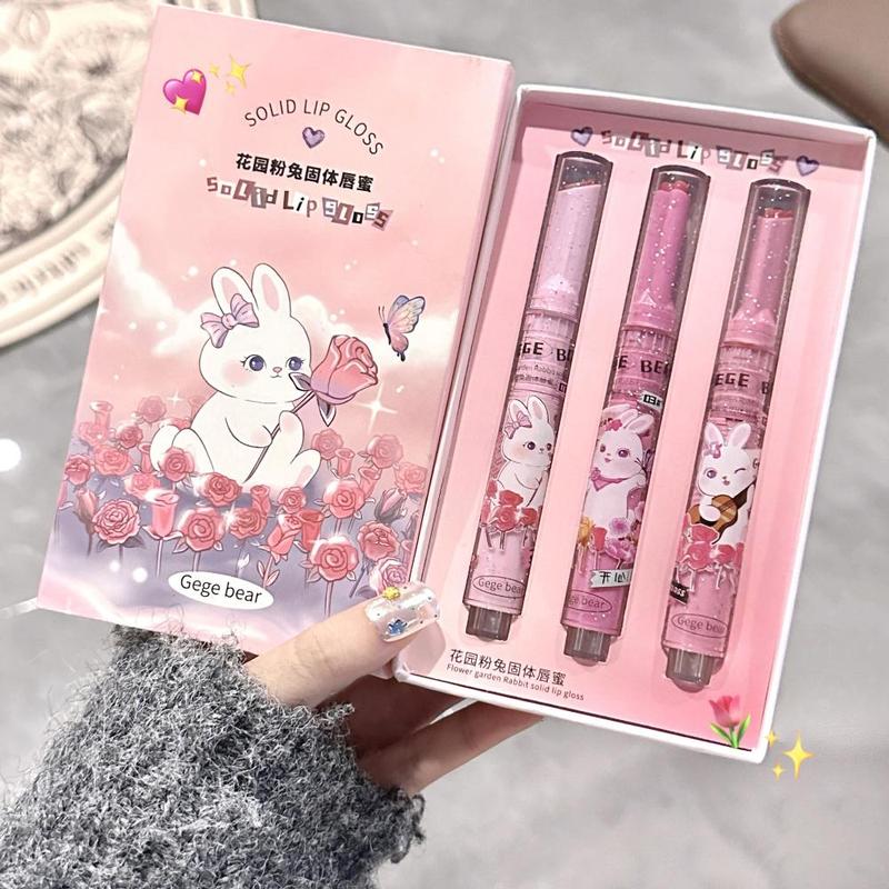 Cute Cartoon Rabbit Design Lip Gloss, 3 Counts set Juicy Glossy Lipstick, Hydrating Mirror Lip Glaze, Glossy Smoothing Lip Balm, Lip Care Kit