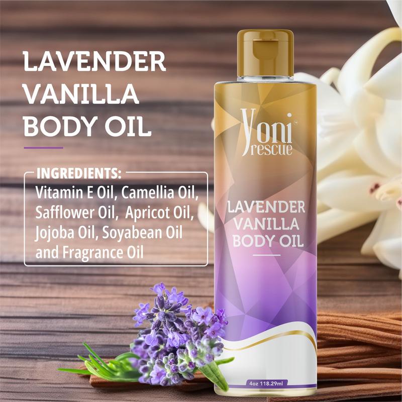 Lavender Vanilla Body Oil, 4oz, with Apricot, Jojoba, Avocado Oils & Vitamin E Oil, Daily Moisturizer, Fast-Absorbing, Nourishes and Hydrates Skin, Skin Repair, Body Care, Ideal for All Skin Types, Vanilla & Lavender Scented Fragrance by Yoni Rescue