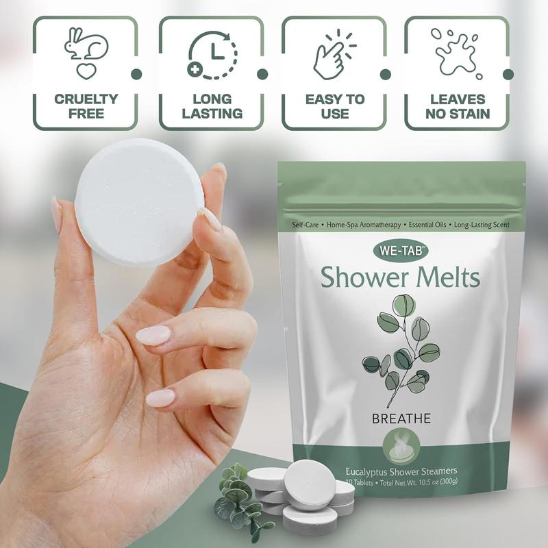 Shower Steamers 10-pk with Essential Oil Aromatherapy to Breathe Clear, Long Lasting Eucalyptus Scent, No Stain or Artificial Dye, for Relaxation, Stress & Sinus Relief and Self Care