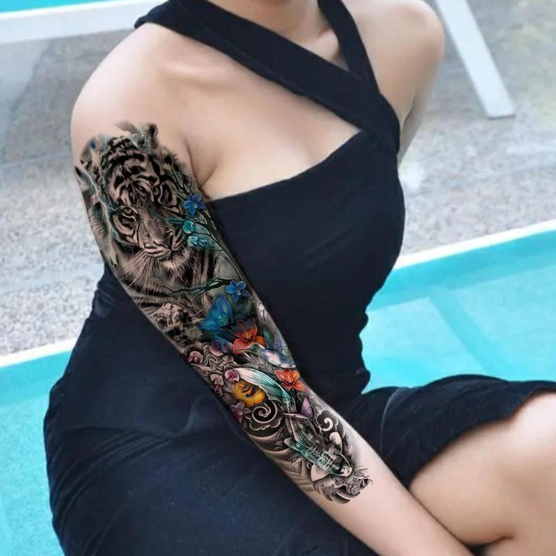 Floral & Tiger Pattern Full Arm Temporary Tattoo Sticker, Waterproof Fake Tattoo Decals, DIY Body Art Decoration for Women & Men