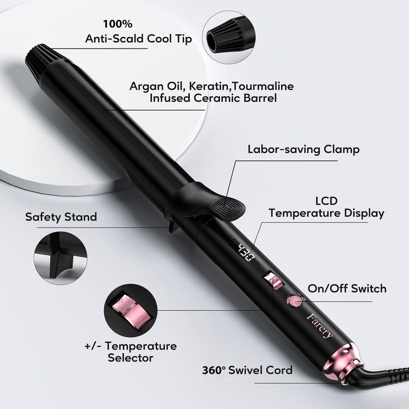 FARERY Long Barrel Curling Iron 1.25 inch, 11 Adjustable Temp, Include Clips & Silicone Pad