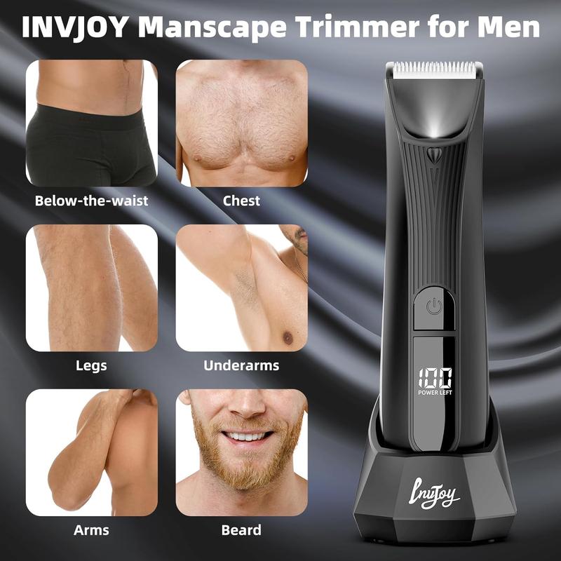 INVJOY Manscape Trimmer for Men, Christmas Gifts for Men,  IPX7 Waterproof Electric Hair Trimmer w Light & LED Display & Ceramic Blade -No Nicks, No Razor Burn Groin - Safe Smooth Quick Shaving, Body Shavers Groomer for Pubic Ball Groin w Recharge