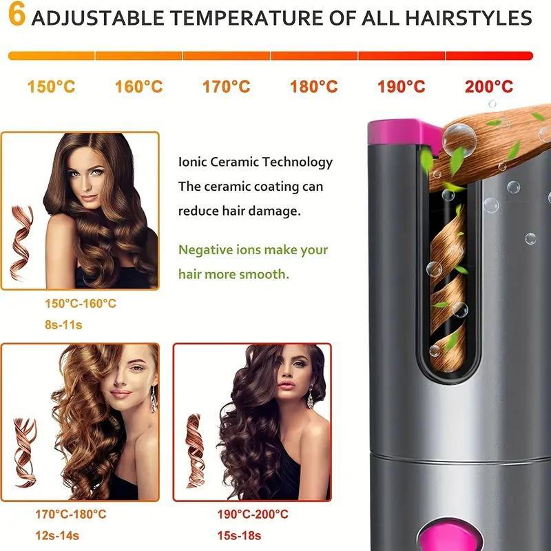 Automatic Curling Iron, 1 Box Cordless Hair Curler, Auto Hot Tools, 6 Temperature & Timer Settings, Portable Ceramic Travel Curling Wand