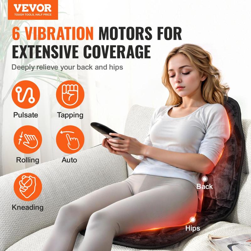 VEVOR Massage Seat Cushion with Heat, 6 Vibration Motors Seat Massage Pad, Vibrating Massage Chair Mat with 5 Mode & 4 Intensities, 2 Heating Pads for Home Office, Fatigue Stress Relief for Back, Hips Durable Therapy