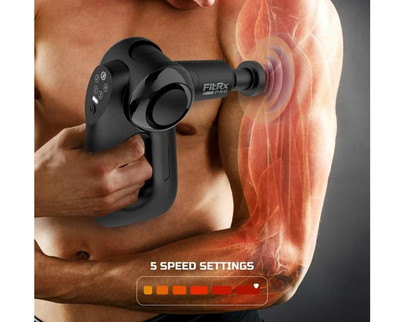 FitRx Pro Neck and Back Massager, Handheld Percussion Massage Gun with Multiple Angles, Speeds and Attachments