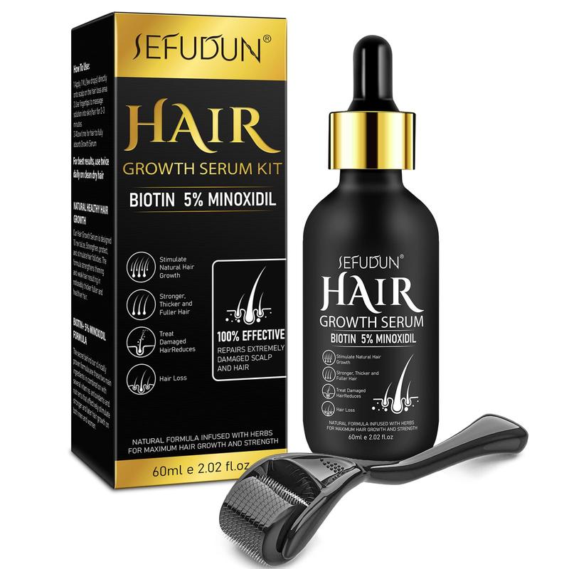 Sefudun 5% Minoxidil Hair Serum for Men and Women, Hair Care Serum for Thicker Longer Fuller Hair, with Hair Roller Set