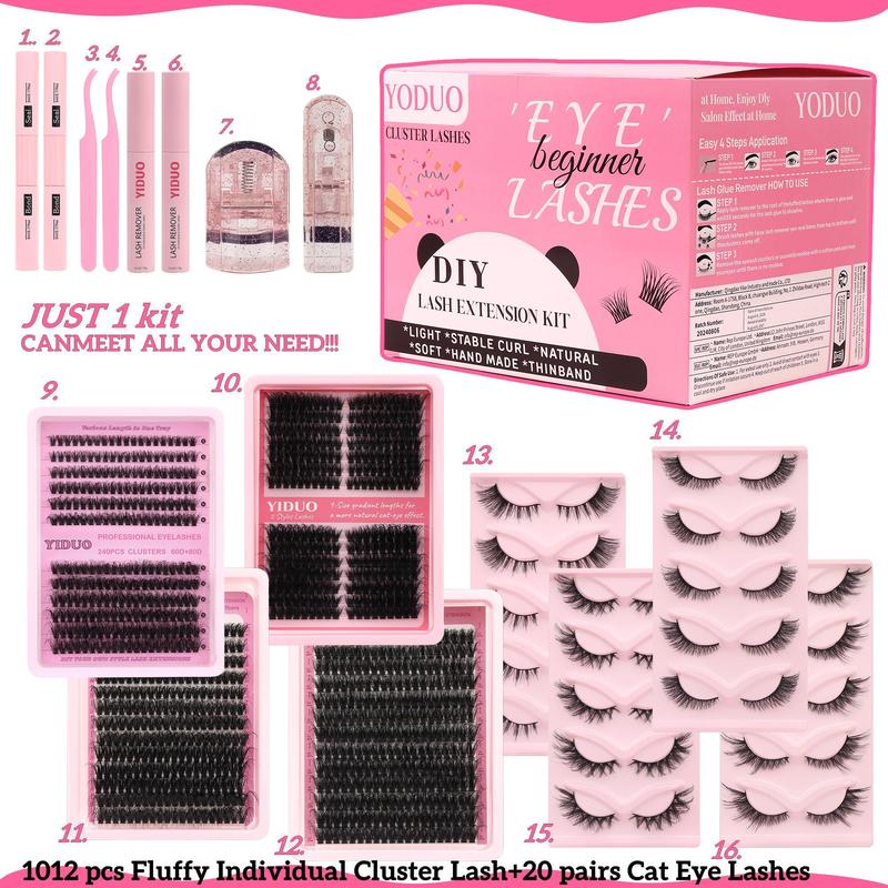 Eyelash Extension Kit, 1 Set Fluffy Individual Cluster Lash with Eyelash Glue & Remover & Tweezers, Professional Eye Makeup Tool for Women