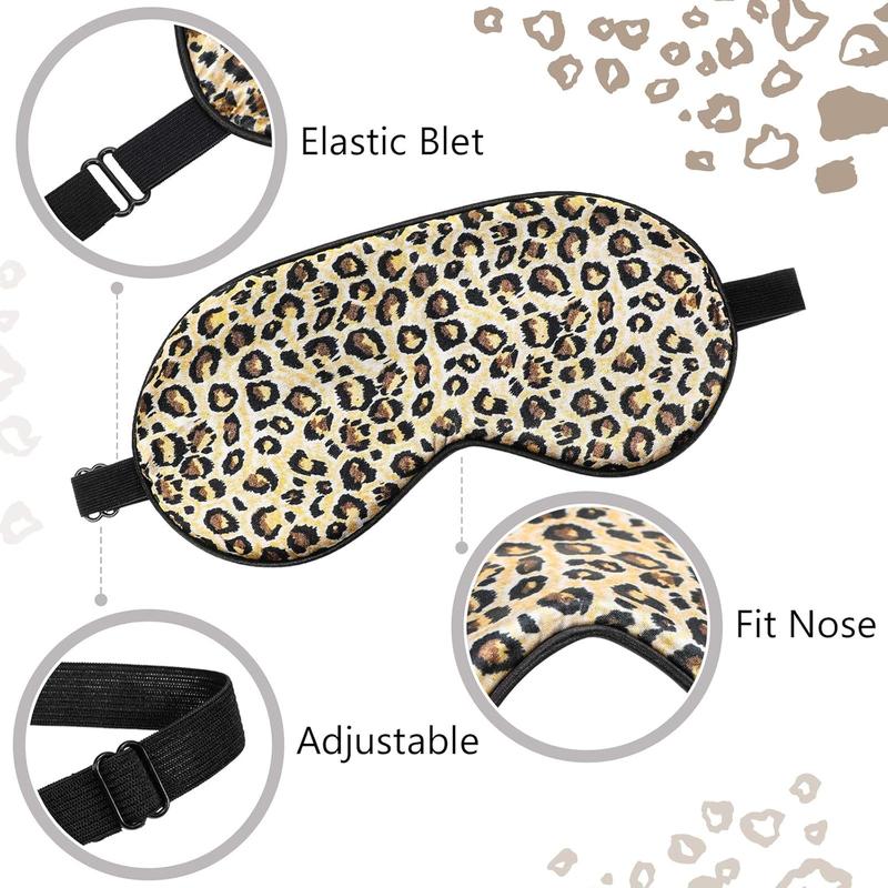 2 count Silk Sleeping Mask with Adjustable Strap-Silk Eye Mask Soft Eye Cover Blindfold Eyeshade with Leopard Print, for Blocking Out Lights Sweet Sleep Travel Relax, Nap, Meditation (Black)