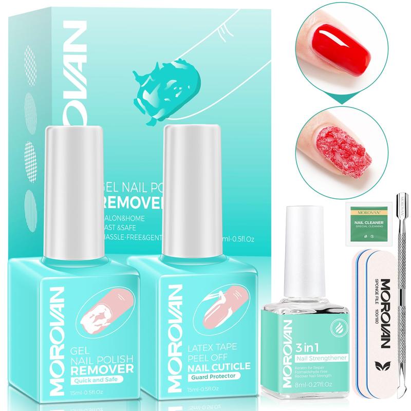 Morovan Gel Polish Remover Kit with Latex Tape Peel Off Liquid with Cuticle Pusher Peeler Cuticle Oil Nail File Cleaner Quick & Easy No Need Soakin