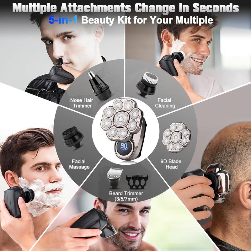 9D Electric  Shaver for Bald Men, Upgraded 5-in-1  Shaver for Bald Men,  Wet Dry  Kit Electric Shaver for Men, Cordless Rechargeable Bald  Razor for Home&Travel