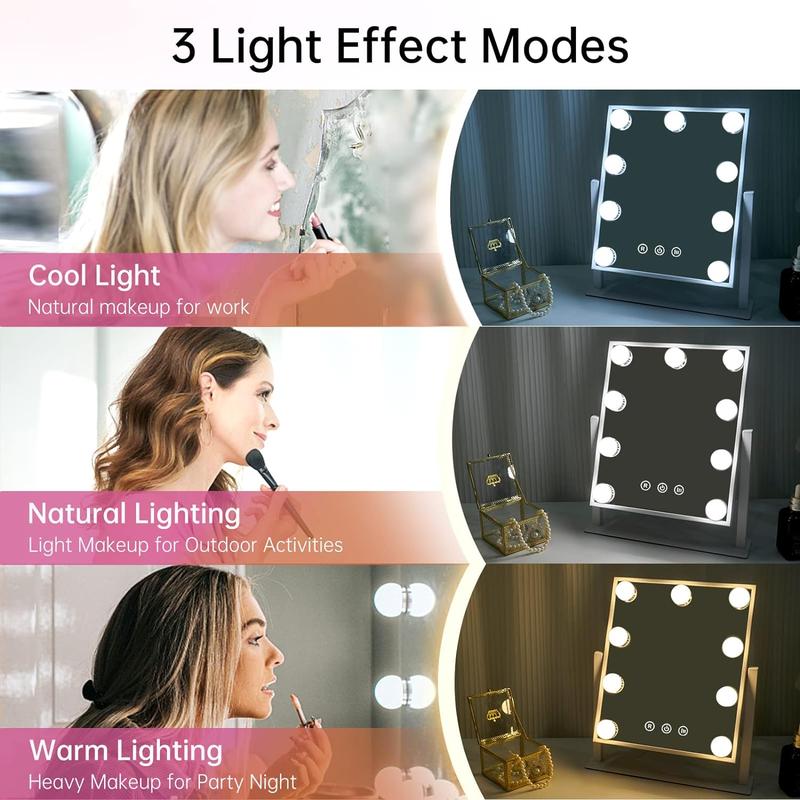 Lighted makeup mirror, lighted Hollywood vanity mirror, touch control bedroom 3 color lighting modes, adjustable 360° rotation Compact Gift