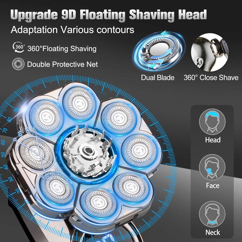 9D Electric  Shaver for Bald Men, Upgraded 5-in-1  Shaver for Bald Men,  Wet Dry  Kit Electric Shaver for Men, Cordless Rechargeable Bald  Razor for Home&Travel