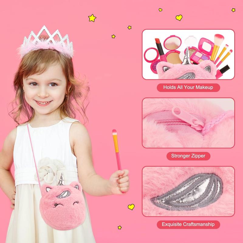 Christmas gift Pretend Makeup Kit for Girls – Unicorn Princess Purse Play Set, Toddler Toys & Gifts for Kids Ages 3-8, Fake Makeup