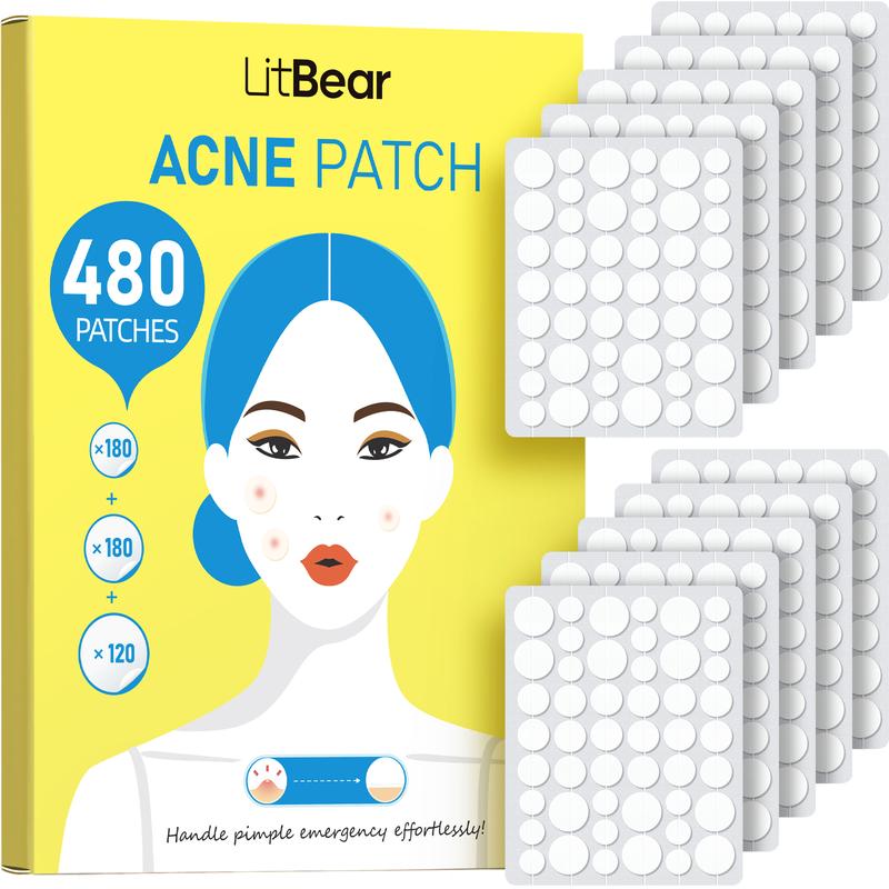 LitBear Pimple patches , Bulk, 480  3 Size Acne  for Face, Hydrocolloid Spot Stickers for Covering Zits, Blemishes, and Breakouts, Suitable for All Skin Types, Invisible acne pimple , Skincare, Skin Repair star