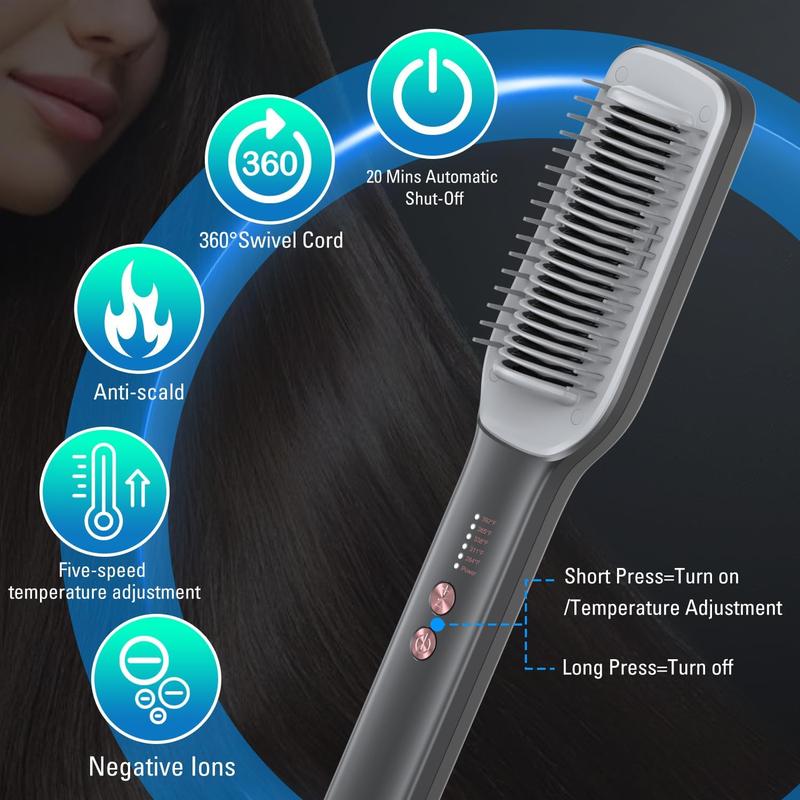  Hair Straightener Brush, Hair Straightener Comb Straightening Brush for Women, with 5 Temps & Fast Heating, Easy and Fast Salon-Style, Built-in Double Ionic Generators-(Black) Comfort