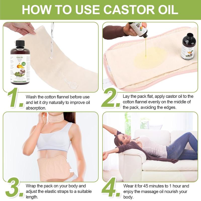 4 fl. oz. 125ml Castor Oil, Castor Oil Pack Set - 4 Organic Flannel Wraps with Organic Cotton castor oil pack wrap  christmas gift ideas Body Care Daily Comfort Cosmetic Organic Jamaican Moisturizing Brightening 777 oil organic castor re juve zing  oil