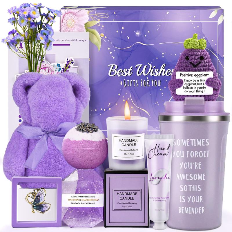 Lavender Spa Gift Set with Emotional Support Eggplant Doll, Birthday & Christmas Gifts for Women, Mom, Sister, Girlfriend, Coworker