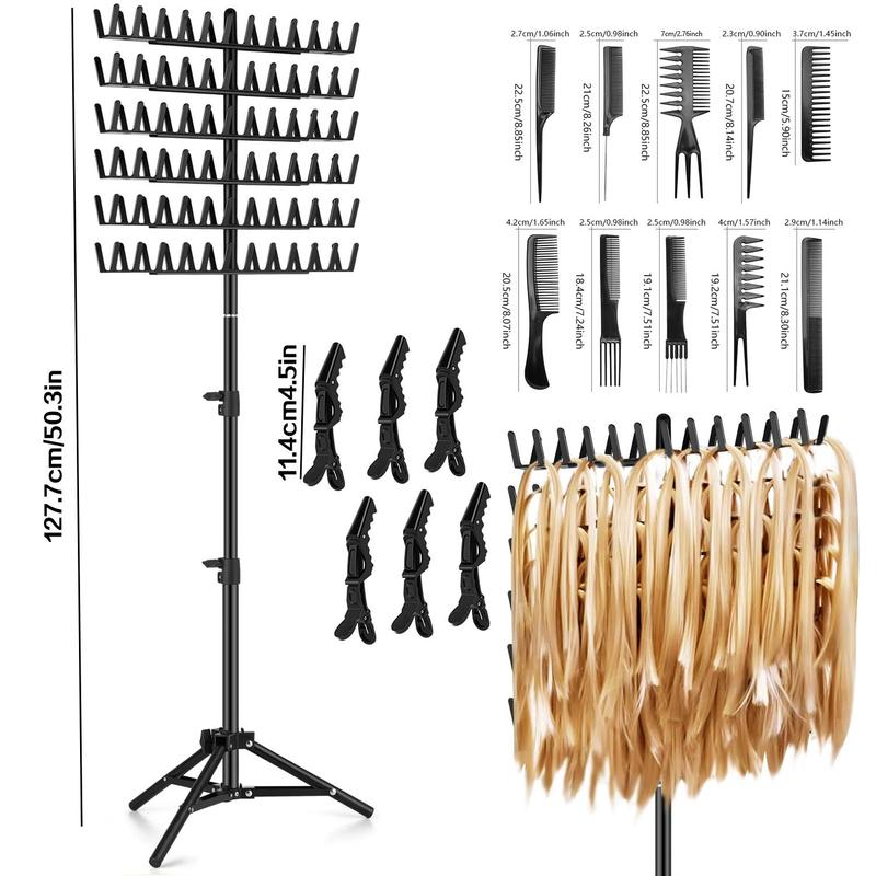 Heatless Hair Braiding Stand Set, 17pcs set Hair Extension Display Stand with Hair Braiding Tool, Adjustable Hair Extension Storage Rack,  Heatless Curls,  Hair Styling Tools