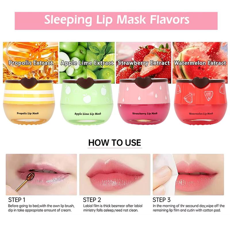 4 PCS Bee Lip Balm Honey Pot, Honey&Strawberry&Watermelon& Apple Lime Lip Mask Propolis Moisturizing Lip Balm Lip Care, Sleeping Lip Mask Hydrating Prevention Dry & Cracked Lips Moisture Moisturize