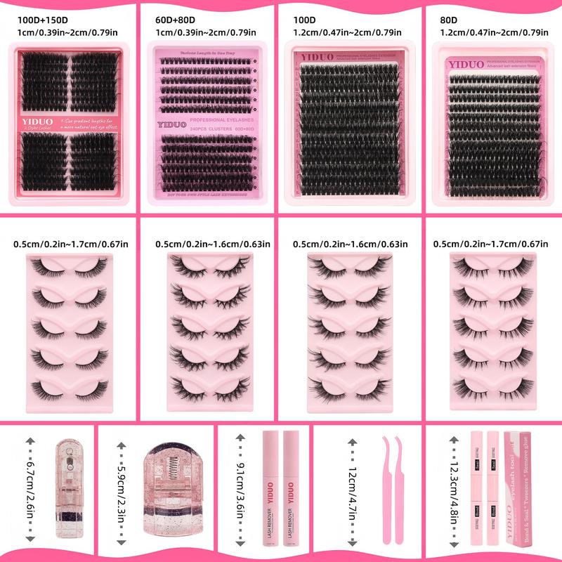 Eyelash Extension Kit, 1 Set Fluffy Individual Cluster Lash with Eyelash Glue & Remover & Tweezers, Professional Eye Makeup Tool for Women