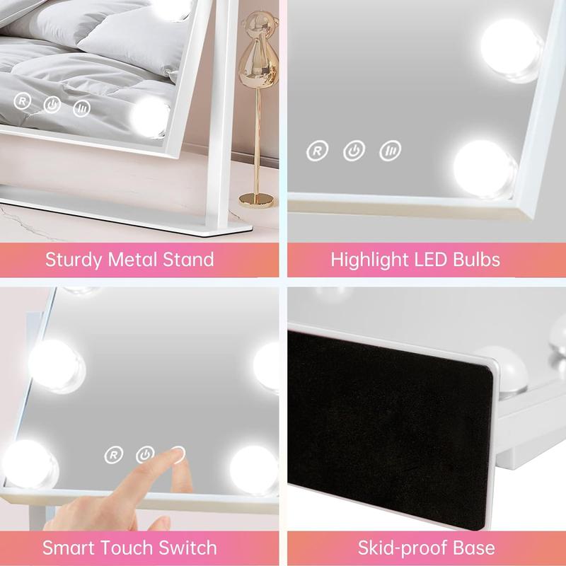 Lighted makeup mirror, lighted Hollywood vanity mirror, touch control bedroom 3 color lighting modes, adjustable 360° rotation Compact Gift